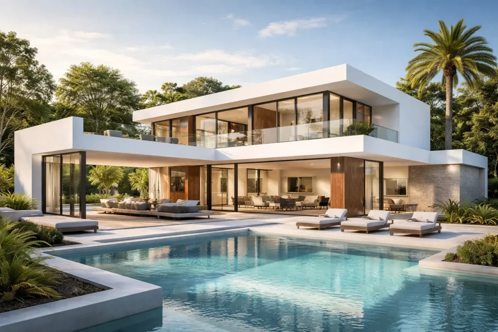 modern villa with pool at dusk